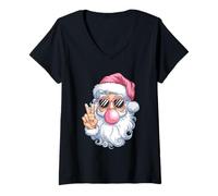 Femme Christmas Santa Blowing Bubble Gum Shirt Peace Sign Père Noël T-Shirt avec Col en V