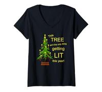 Femme Christmas Shirt Not Only Thing Getting Lit Sapin de Noël T-Shirt avec Col en V