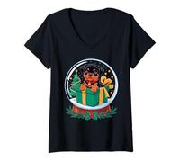 Femme Christmas Snow Globe Rottweiler X-Mas Tree Rottweiler Rottie T-Shirt avec Col en V