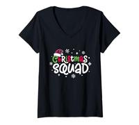 Femme Christmas Squad Plaid Santa Hat Family Matching Xmas Pajama T-Shirt avec Col en V