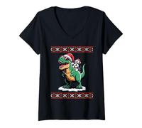 Femme Christmas Standard Schnauzer T-Rex Dinosaur Tyrannosaurus T-Shirt avec Col en V