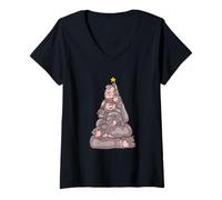 Femme Christmas Tree Hippo T-Shirt avec Col en V