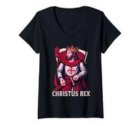 Femme Christus Rex Catholique Christ le Roi Sacré-Cœur T-Shirt avec Col en V