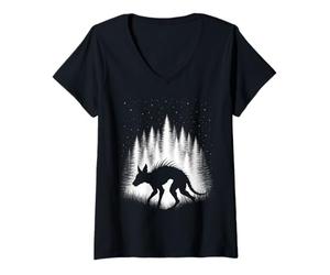 Femme Chupacabra Marchant à Travers la forêt Blanche sous Les étoiles du Soir T-Shirt avec Col en V