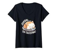 Femme Chut... Je Dors, fatigué, Je Fais la Sieste, Paresseux, drôle, Chat endormi T-Shirt avec Col en V