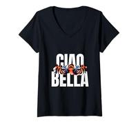 Femme Ciao Bella Œil de Tigre Fierce Art Graphique Italien T-Shirt avec Col en V