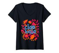 Femme Ciao Bella Inscription Italienne Motif Floral T-Shirt avec Col en V