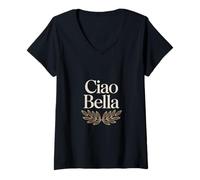 Femme Ciao Bella Italie Élégant Emblème Olive Art T-Shirt avec Col en V