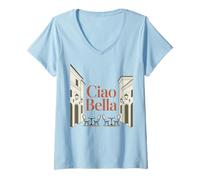Femme Ciao Bella Rétro Italie Terrasse Vintage Voyage Nostalgique T-Shirt avec Col en V