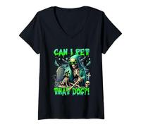 Femme Cimetière d'halloween pour Amoureux des Chiens Can I Pet That Dog T-Shirt avec Col en V