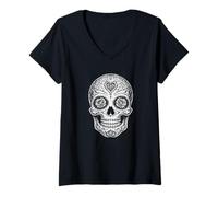 Femme Cinco de Mayo : Jour des Morts, crâne, Yeux Roses T-Shirt avec Col en V
