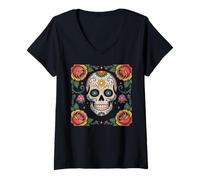 Femme Cinco de Mayo Le Jour des Morts Dia De Los Muertos Sugar Skull T-Shirt avec Col en V