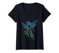 Femme Circuit Angel Digital Wings Tech Halo Streetwear Futuriste T-Shirt avec Col en V