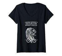 Femme Citation « A Woman Without A Man Is Like A Fish Without A Bicycle » T-Shirt avec Col en V