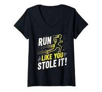 Femme Citation Amusante de Course à Pied Jogging Cadeau Run Like You Stole It T-Shirt avec Col en V