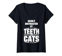Femme Citation Amusante de Dentiste Facile à distraire par Les Dents et Les Chats T-Shirt avec Col en V