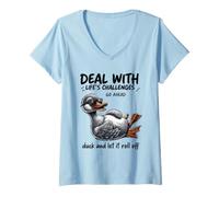 Femme Citation Amusante « Deal with Challenges Duck Roll Off » T-Shirt avec Col en V