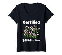 Femme Citation amusante des amoureux des tulipes explorer le champ de tulipes T-Shirt avec Col en V