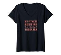 Femme Citation Amusante My Fitness Routine is Chasing Toddlers T-Shirt avec Col en V