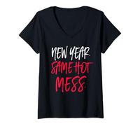 Femme Citation Amusante Nouvel an Same Hot Mess T-Shirt avec Col en V