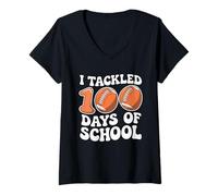 Femme Citation Artistique avec Inscription « I Tackled 100 Days of School Football Student » T-Shirt avec Col en V