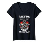 Femme Citation « Bikers Dont Go Grey We Turn Chrome » T-Shirt avec Col en V