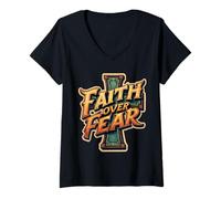 Femme Citation chrétienne « Faith Over Fear » - Phrase croisée inspirante T-Shirt avec Col en V