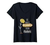 Femme Citation chrétienne inspirante « He Makes Beauty from Ashes » T-Shirt avec Col en V