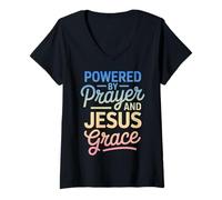 Femme Citation chrétienne « Powered by Prayer and Jesus Grace » T-Shirt avec Col en V