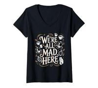 Femme Citation d'Alice au pays des merveilles We're All Mad Here T-Shirt avec Col en V