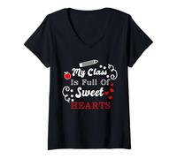 Femme Citation d'appréciation de l'enseignant « My Class is Full of Sweet Hearts » T-Shirt avec Col en V