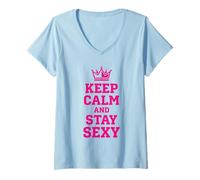 Femme Citation de Confiance Graphique Keep Calm and Stay Sexy Crown 2 T-Shirt avec Col en V