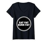 Femme Citation de diète cétogène Carnivore diète paléo « Eat Fat Burn Fat Burn Fat » T-Shirt avec Col en V