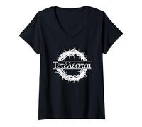 Femme Citation de la Bible Grecque Tetelestai « It is Accomplished Jesus » T-Shirt avec Col en V