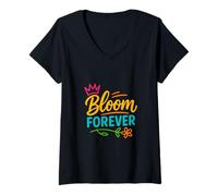 Femme Citation de motivation Bloom Forever Grow Love T-Shirt avec Col en V