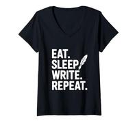 Femme Citation de Motivation Eat Sleep Write Repeat T-Shirt avec Col en V
