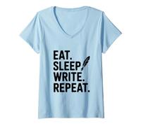 Femme Citation de Motivation Eat Sleep Write Repeat T-Shirt avec Col en V