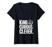 Femme Citation de Motivation Kind Curious Clever Mindset T-Shirt avec Col en V