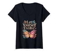 Femme Citation de Motivation Let Yourself Evolve Butterfly T-Shirt avec Col en V