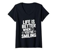 Femme Citation de Motivation Life is Better When You're Smiling T-Shirt avec Col en V