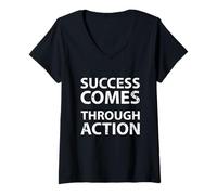 Femme Citation de Motivation « Success Comes Through Action » T-Shirt avec Col en V