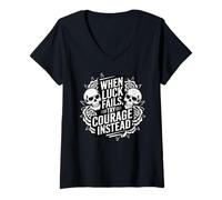Femme Citation de Motivation « Try Courage Over Luck » Style Tatouage T-Shirt avec Col en V