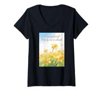 Femme Citation de poésie I Wandered Lonely As A Cloud Jonquille Fleur T-Shirt avec Col en V