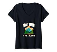 Femme Citation de randonnée Nature is My Therapy pour Les Amateurs de Montagne T-Shirt avec Col en V