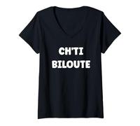 Femme Citation Expression Chti mi Nord Humour Ch'ti biloute T-Shirt avec Col en V