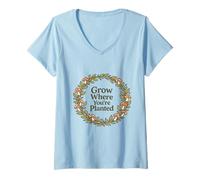 Femme Citation Grow Where You're Planted Champignon Cottagecore T-Shirt avec Col en V