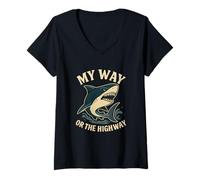Femme Citation Humoristique de Requin My Way Or The Highway T-Shirt avec Col en V