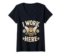 Femme Citation Humoristique « I Work Here Bee Workplace » T-Shirt avec Col en V