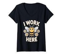 Femme Citation Humoristique « I Work Here Bee Workplace » T-Shirt avec Col en V