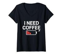 Femme Citation Humoristique pour Amateur de café avec Citation « Caffeine Addict » Batterie Faible T-Shirt avec Col en V